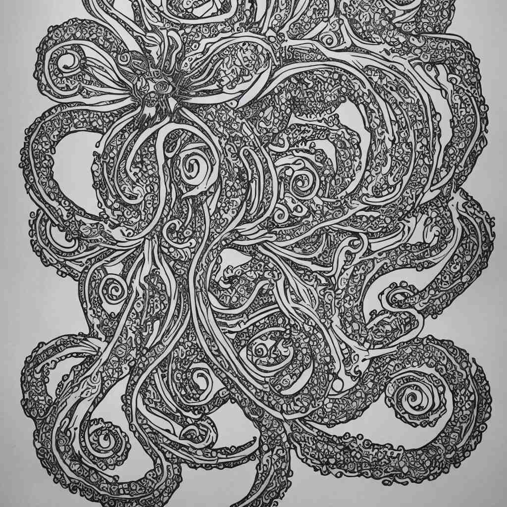 tattoo design. line drawing. symmetric octopus. intricate