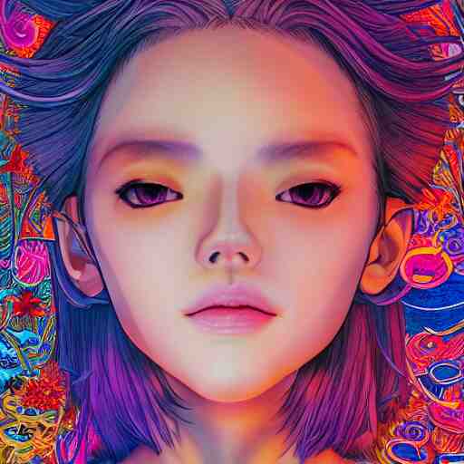 the face of an unbelievably beautiful and pretty japanese girl partially made of onion rings of all colors looking down, an ultrafine detailed illustration by james jean, final fantasy, intricate linework, bright colors, behance contest winner, vanitas, angular, altermodern, unreal engine 5 highly rendered, global illumination, radiant light, detailed and intricate environment 