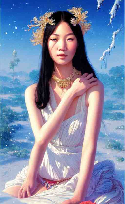 a beautiful young charming asian goddess with sundress + jewelry + shinny eyes | | winter, symmetric, realistic shaded, unpleasant face, good looking, fine details, dior, lv, realistic shaded lighting poster by greg rutkowski, macoto takahashi, magali villeneuve, artgerm, jeremy lipkin and michael garmash 