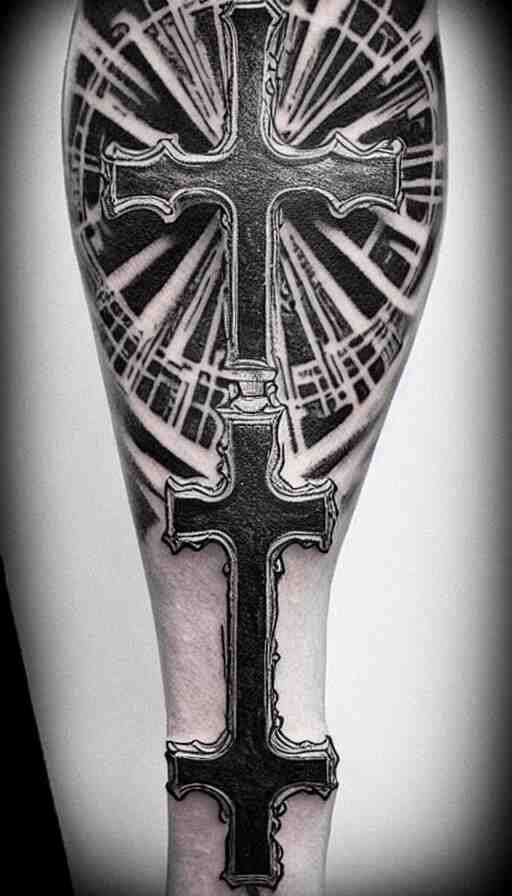 tattoo art, gothic cross with a sky background, white and black 