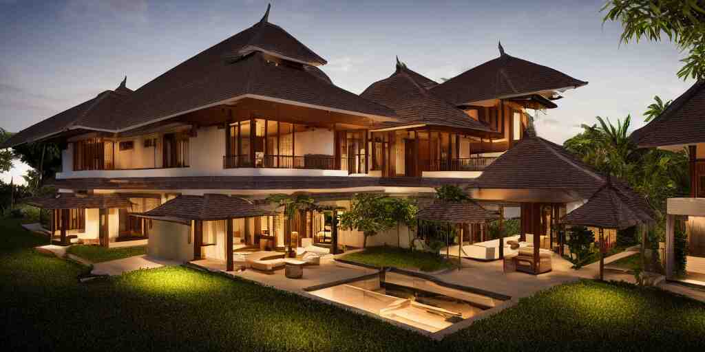 3d rendering  of beautiful nature meets architecture concept of a residential house. balinese architecture, volumetric lighting, luxury, high detail, 14mm, cinematic photography, cg architects,  high resolution