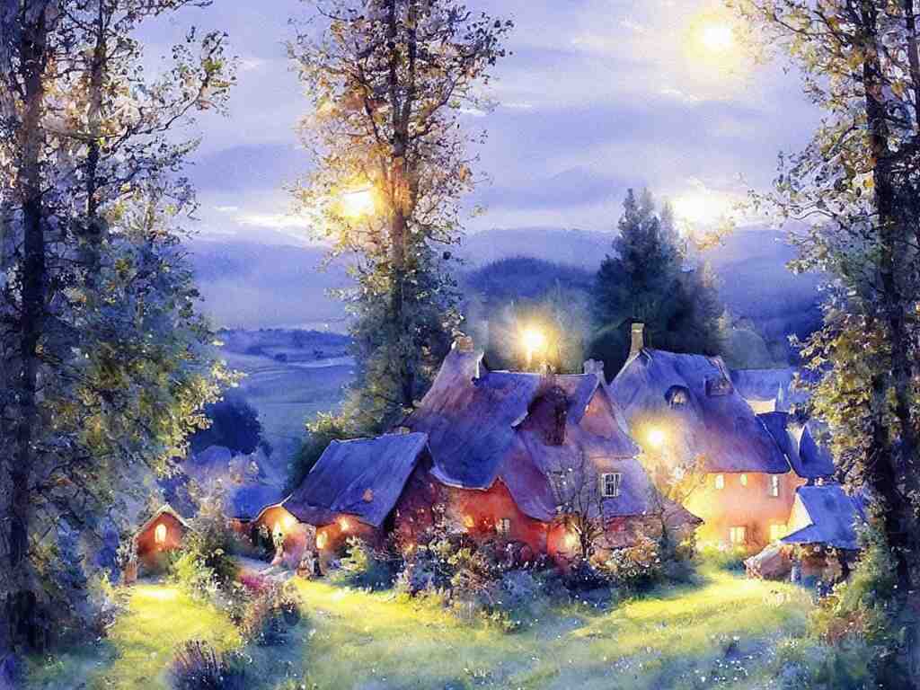a beautiful night in the swedish countryside, watercolor painting by vladimir volegov 
