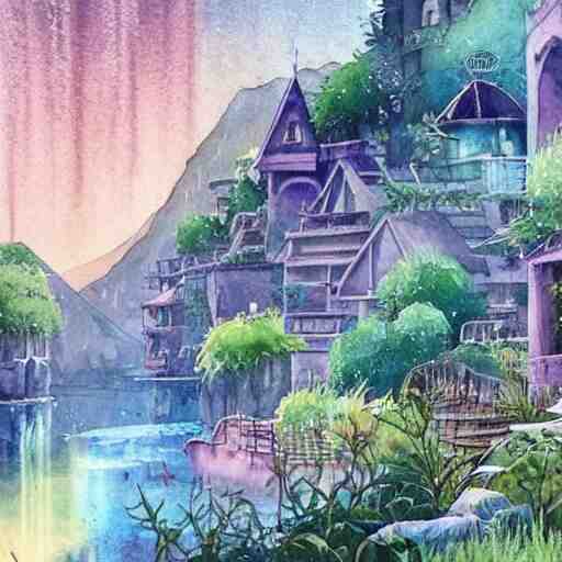 Beautiful happy picturesque charming sci-fi town in harmony with nature. Beautiful light. Water and plants. Nice colour scheme, soft warm colour. Beautiful detailed watercolor by Lurid. (2022)