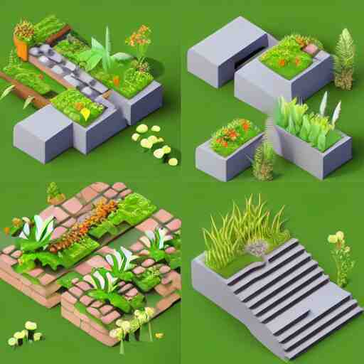 3 d mobile game prop pack is an isometric stairs but with an organic natural design that is based on different grass items - like plants with grass all inspired artstation stylized nature. around the stair, we can see flowers, grass, bushes. all in isometric perspective and semi - realistic style white background 