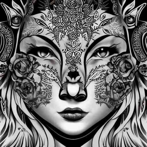 tattoo design, stencil, tattoo stencil, traditional, beautiful portrait of a warrior girl with a wolf headdress on surrounded by flowers, upper body, by artgerm, artgerm, artgerm, digital art, cat girl, anime eyes, anime, sexy-s 100