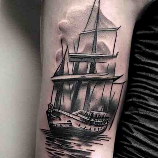 realism tattoo design of a pirate ship, by Matteo Pasqualin tattoo artist