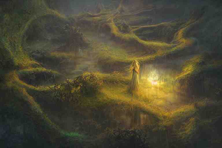 aerial view, fantasy painting, dungeons and dragons, a faerie village hovels, swamp reeds wetland marsh sunset estuary, with ominous shadows, an egret by jessica rossier and brian froud cinematic painting 