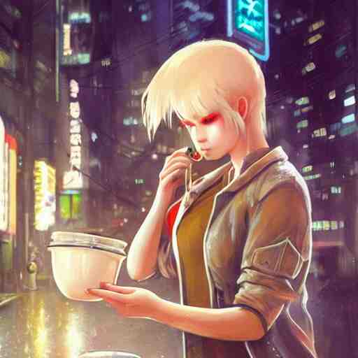 white anthropomorphic female vulpes vulpes fulva, eating ramen from a bowl, in the rain by a noodle kiosk, in crowded and wet street of a city, cyberpunk, harsh neon lights, highly detailed, digital painting, trending on artstation, concept art, sharp focus, illustration, art by artgerm and greg rutkowski and magali villeneuve 