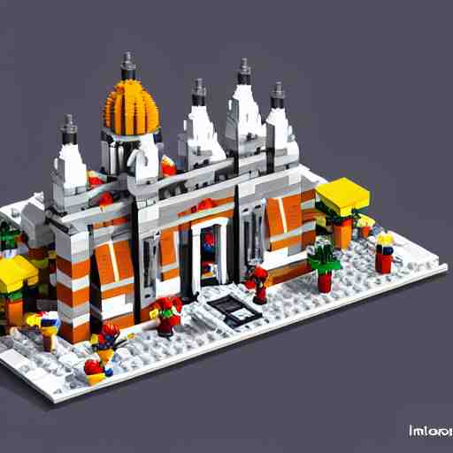 isometric view of a lego church, lego bricks, model church, geometric isometric view 