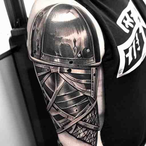 A knight in armor, tattoo, tattoo art, Black and grey tattoo style