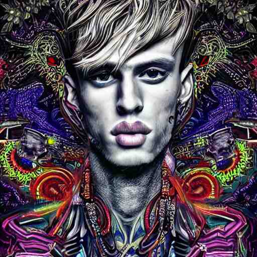 an extremely psychedelic portrait of mgk, surreal, lsd, face, detailed, intricate, elegant, lithe, highly detailed, digital oth, sharp focus, illustration, 