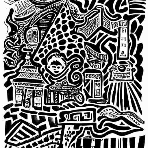 black and white composition of a variety of doodles, drawings, faces, symbols, cartoons, lineart, cave drawing, silhouette, tattoo, chinese ink brush 