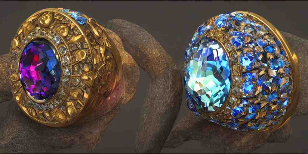 magic crystal ring, fire, stone, crystal, engravings, diamonds, colorful, art by gerald brom, greg rutkowski, photo realism, unreal engine, c 4 d 