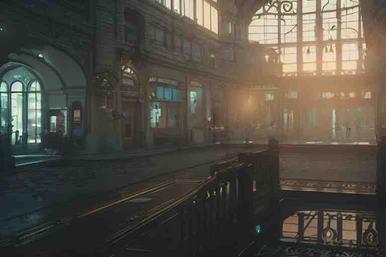 point of view of a gunner on a victorian shopping mall, cinematic lightning, ray tracing, unreal engine 5, photorealistic, 8 k, uhd, 4 k, fps game concept, extremely detailed, beautiful, elegant, intricate, foggy, in - game footage 