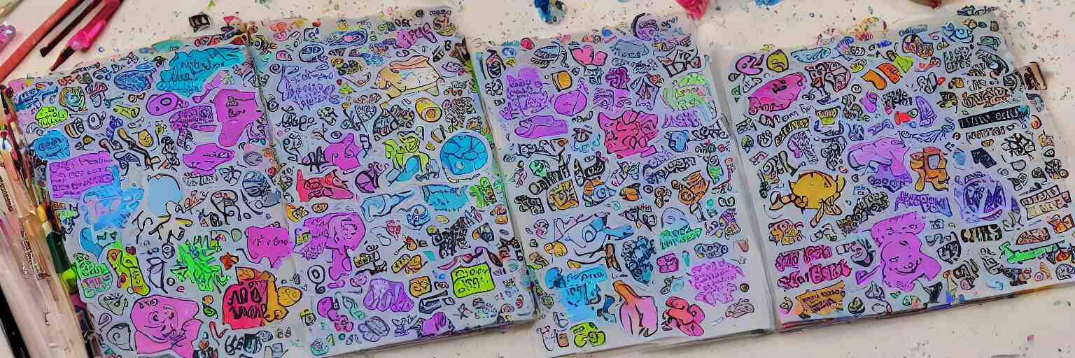 a school notebook covered in doodles, stickers, glitter, and holographic stickers