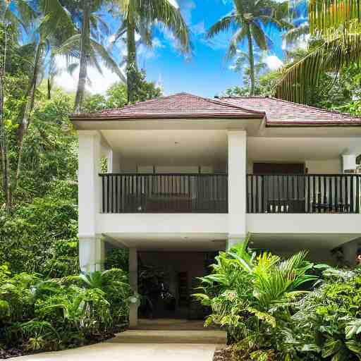 2000sf two level house,wrap around balconies, rock front yard, in a tropical rainforest,photorealistic,8k, XF IQ4, 150MP, 50mm, F1.4, ISO 200, 1/160s, natural light