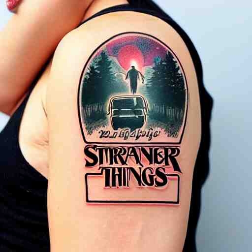 big stranger things logo tattoo ed on the back of a beautiful woman lying on a wood parket 