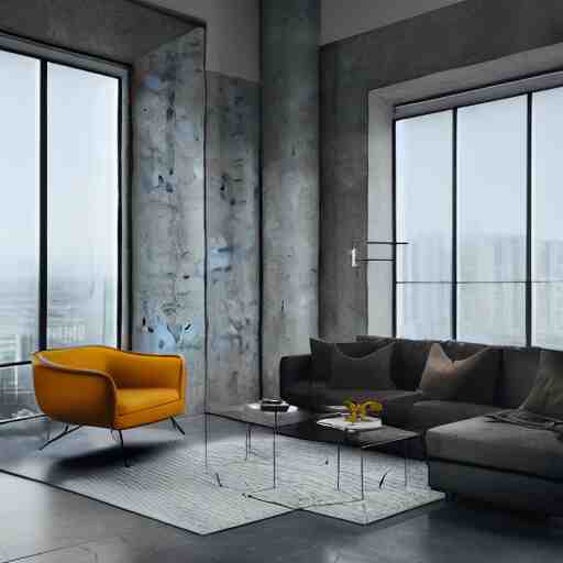 brutalist penthouse open living room, big windows, showing city landscape on background, minimalist architecture, minimalist furniture, octane render, high quality, 8 k, post production 