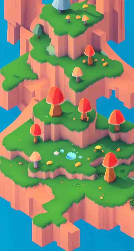 a cute little matte low poly isometric mushroom island, waterfalls, lat lighting, soft shadows, trending on artstation, 3d render, monument valley, fez video game,