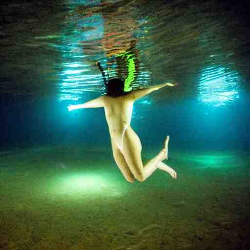 girl with bioluminescent skin swimming underwater