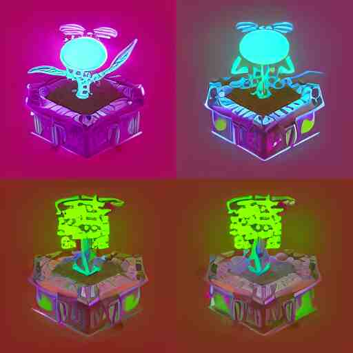 concept art 2 d game asset of furniture with an organic isometric design based on bioluminescent alien - like plants inspired by the avatar's bioluminescent alien nature. around the furniture, we can see plants that glow in the dark. all in isometric perspective and semi - realistic style item is in a black background colorful neons surrealistic masterpiece 