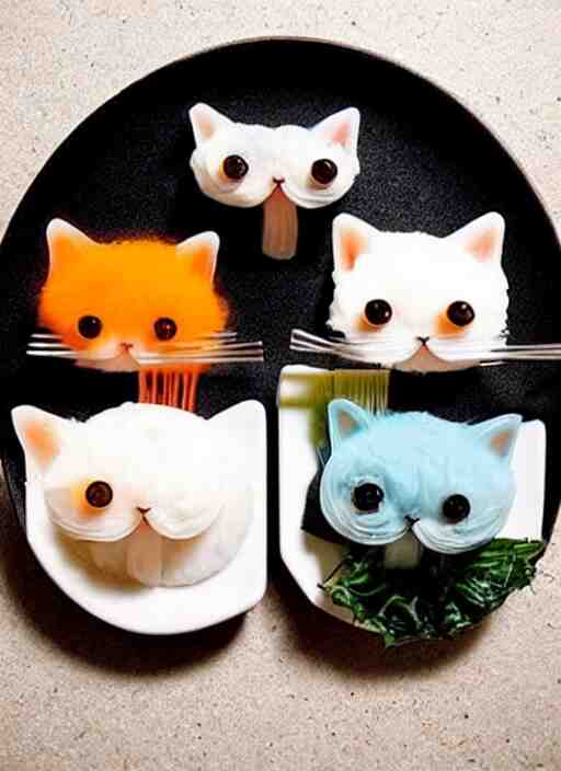 clear surrealist painting of adorable cats made from sushi rice, sitting on sushi plates with garnish 