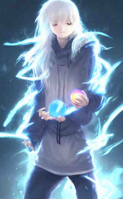 anime girl with wavy white hair in a hoodie holding an electric ball, WLOP, concept art, digital painting, trending on artstation, highly detailed, epic composition, 8k UHD