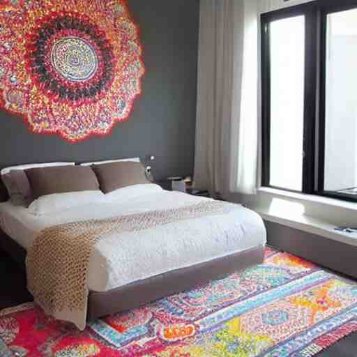 Bedroom with Minimalistic Art on the walls, white furniture, Multi colored Mandala Rug, big windows with sunlight coming in