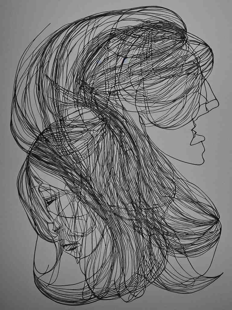 elegant minimalist metal wire art of symmetrical and emotional dramatic female facial features and silhouette, influenced by one line drawings, curves, twirls and spirals 