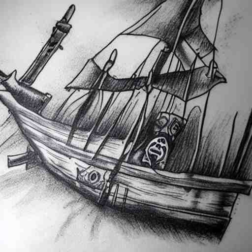 pirate ship on a deserted island, realism tattoo drawing, hyper realistic, shaded