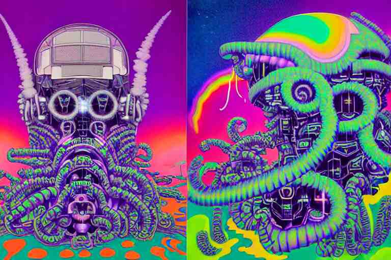 vaporwave ombre, sinister eldritch neural diaphanous skullpunk spirits in the enchanted intergalactic mecha garden, man - machine chimeric beholder polyphemous by okuda san miguel by jerimiah ketner by tatsuyuki tanaka by agostino arrivabene and wayne england 