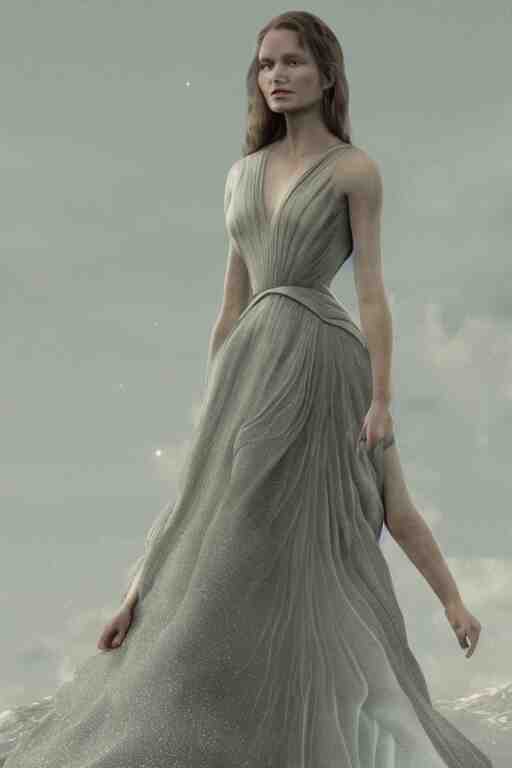 Elegant Beautiful dress Inspired by Interstellar with a Beautiful atmospheric background by Carlos Paboudjian. Ultra HD, Realistic. Octane Render, V-Ray. Hyper realism. Ultra Detailed. Sharp. 50mm, f/1.8