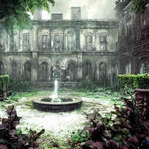 abandoned garden inside a dark mansion, fountain, dead flowers, realistic, highly detailed, background of resident evil game 