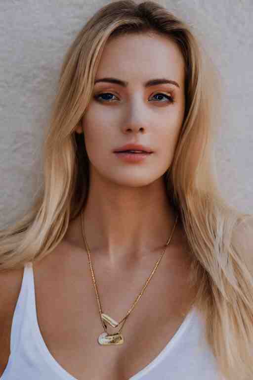 2 4 year old professional blonde female wearing white v - neck top, single gold chain necklace, neck zoomed in, photo realistic, extreme detail skin, light freckles, no filter, slr, golden hour, 4 k, high definition, photograph, selfie 