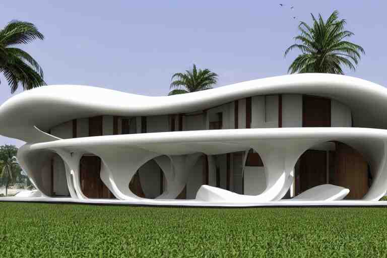 a futuristic assam type house designed by calatrava, bamboo design, realist, render, 8 k 