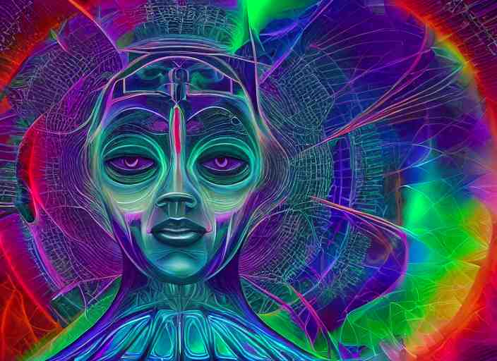 trasnformation into transcendence into collaborative intelligence, endless collaboration with ai, connectedness, body, by alex grey, album cover, award winning, beautiful, colorful, volumetric lighting, trending on artstation, cinematic 