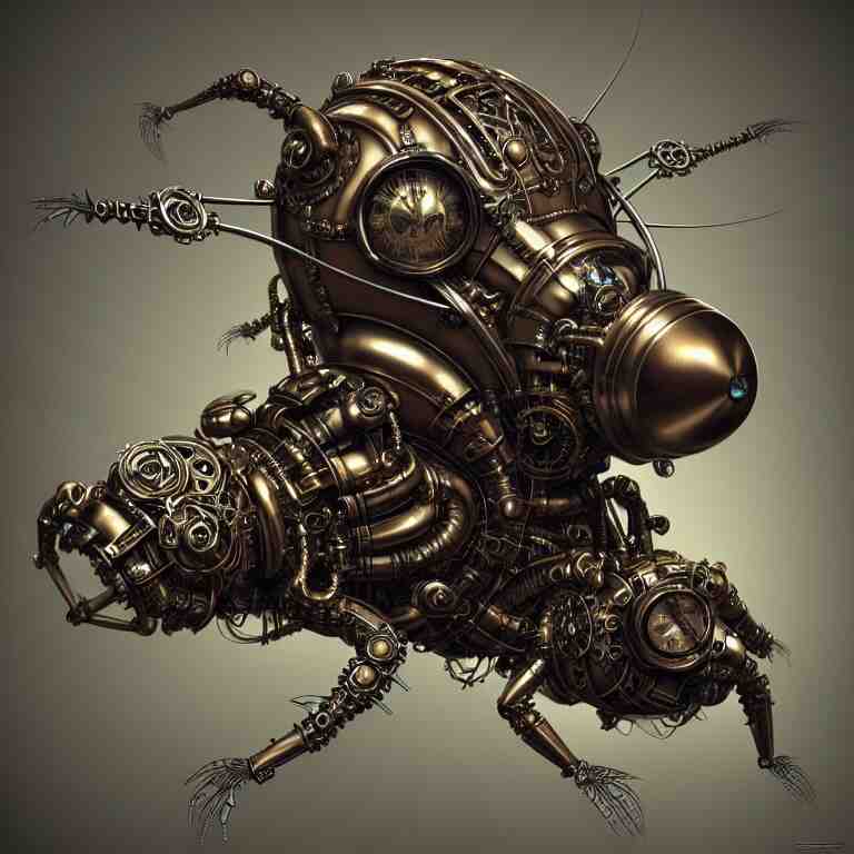 steampunk cybernetic biomechanical fly, 3 d model, unreal engine realistic render, 8 k, micro detail, intricate, elegant, highly detailed, centered, digital painting, artstation, smooth, sharp focus, illustration, artgerm, tomasz alen kopera, wlop 