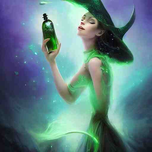 epic portrait an beautiful witch holding an potion bottle full of sparkling glitter liquid, green liquid, glowing, beautiful, goddess, glossy lips, sweaty skin, wet flowing long hair, witch hat, broad light, ambient occlusion, volumetric light effect, made by ivan aivazovsky, peter mohrbacher, greg rutkowski, matte painting, trending on artstation, 4 k, perfectly defined features, digital painting, 