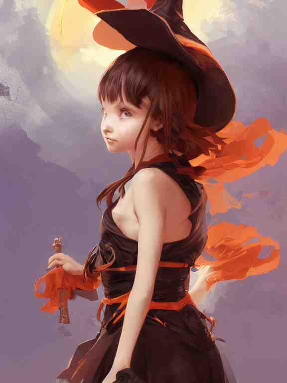 Full shot of a cute mischievous young witch about to get up to some trouble. Latin American fashion. Black and Orange palette. Latina girl. brown skin. By Ruan Jia and Artgerm and Range Murata and WLOP. Key Art. Fantasy Illustration. award winning, Artstation, intricate details, realistic, Hyperdetailed, 8k resolution.