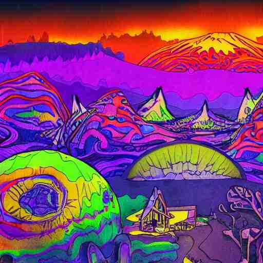 crazy psychedelic landscape full of ghosts, utopia 