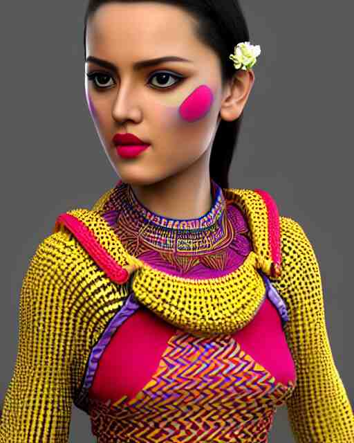 a beautiful cute girl wearing modern stylish costume in the style of Assamese bihu mekhela sador gamosa design, commercial fashion design art by Victor Nizovtsev, face by artgerm and daz3d genesis iray, cinematic lightning, medium shot, mid-shot, slim female figure ramp walk model pose, highly detailed, trending on Artstation, Unreal Engine 4k, cinema 4d ray traced, octane render, cinematic wallpaper