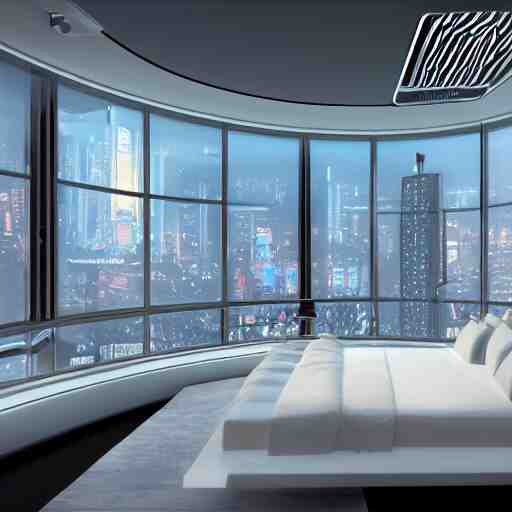a futuristic luxury white bedroom with ceiling high windows looking out to a cyberpunk cityscape, flying cars, night time, neon lights, cinematic 3d render, unreal engine 5, cgsociety