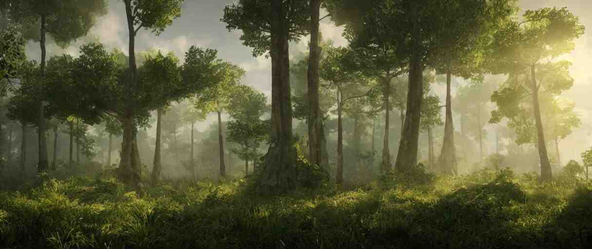 a wide shot of a forest growing on top of cumulus clouds, beautiful, stunning, serene, volumetric light, volumetric clouds, photography, color, intricate, extremely detailed, photorealistic, unreal engine 5