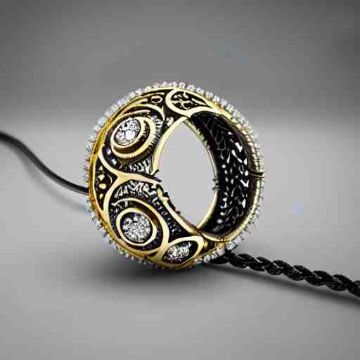 intricate!! nordic ring and necklace and ear, silver and gold and diamond, isolated on a dreamy background. flowers in the background, refraction, occlusion, filigree, lower and upper levels, keyshot render, octane render, vray render 