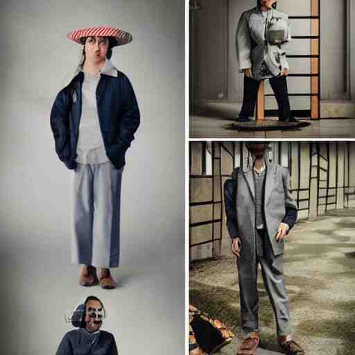 outlive smart casual collection lookbook grid, in the style of grand chamaco and stanley kubrick, inspired by rpg fantasy characters, photorealistic, epic, super technical, cinematic still 