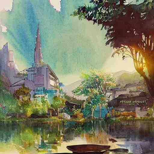 Beautiful happy picturesque charming sci-fi town in harmony with nature. Beautiful light. Water and plants. Nice colour scheme, soft warm colour. Beautiful detailed artsy watercolor by Vincent. (2022)