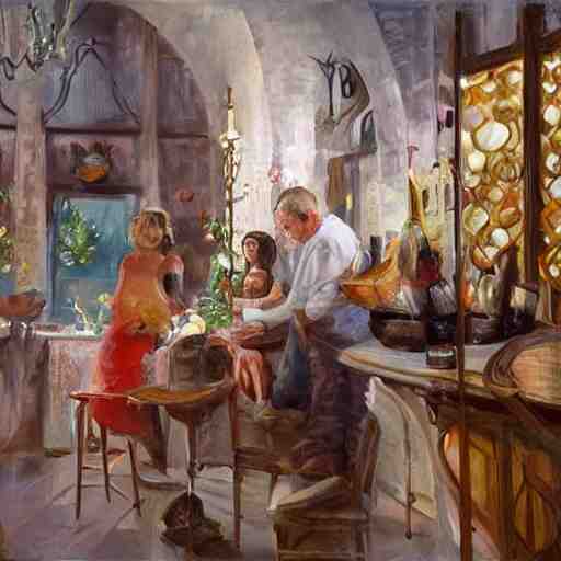 wine cellar full of food, torches on the wall, schnapps, romantic, inviting, cozy, blonde woman, painting Vladimir Volegov