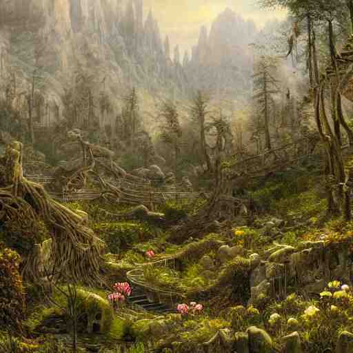 a beautiful and highly detailed matte painting of a dead fantasy floral garden in a empty forest in the dry valley high in the most epic mountains ever, intricate details, epic scale, insanely complex, 8 k, sharp focus, hyperrealism, very realistic, by caspar friedrich, greg rutowski, james gurney 