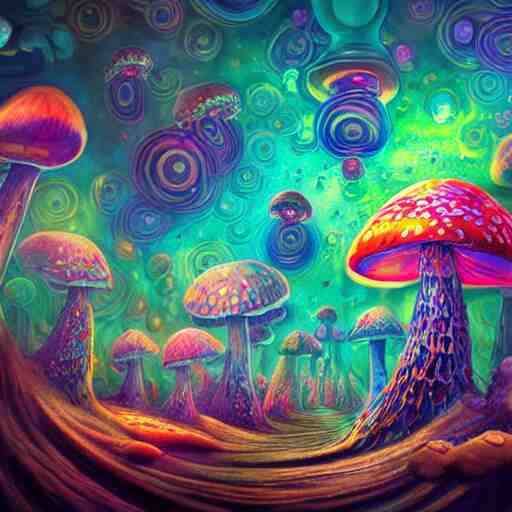 trippy mushrooms, acrilic paint, digital, artstation, detailed intricate ink illustration, heavenly atmosphere, digital art, overdetailed art, concept art, complementing colors, trending on artstation, cgstudio, the most beautiful image ever created, dramatic, subtle details 