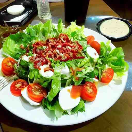 a giant salad that is the size of a building, with mozzarella and a lot of sauce, award winning photography, culinary art photography 